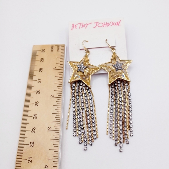 Betsey Johnson Gold Tone Celestial Punk Crystal Star Fringe Rhinestone Earrings - Picture 4 of 5